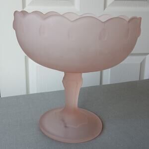 Vintage Indiana Glass Pink Frosted Pedestal Compote Bowl 7.5" MCM 50s barbiecore